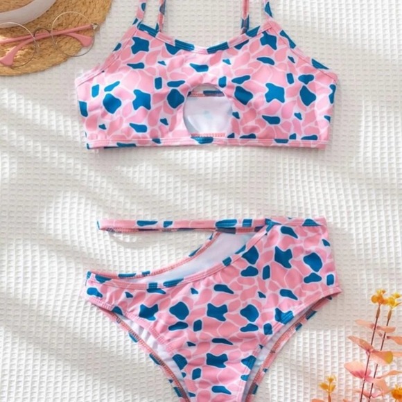 Pink leopard spaghetti strap cutout wireless bra high waist bikini swimsuit Sz S - Picture 1 of 6